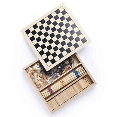 Antevia – Sortiment 4 Gesellschaftsspiele Reise: Mikado – Schach – Damen und Dominos mit Aufbewahrungsbox | mehr als 10 Modelle | Holz Reise Klassisch (Xigral) von ANTEVIA Matériaux