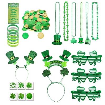 AOOOWER Patricks Day Zubehör Kostüm für Irische Unisex grüne Brille Halskette Körper Aufkleber Armband Münze & Stirnband Irisches Kostüm Erwachsene von AOOOWER