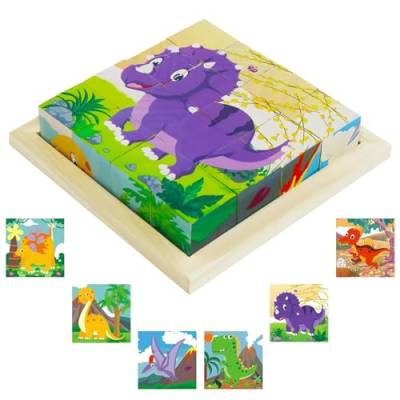 ARONRAVE Würfelpuzzle Holz, 3D Bilderwürfel Holz Puzzlespiele 6 in 1 Dinosaurier Motive Holzpuzzle Motive für Kinder 1 2 3 4 Jahre Montessori Lernspielzeug für Kinder ab 1 2 3 4 Jahre von ARONRAVE