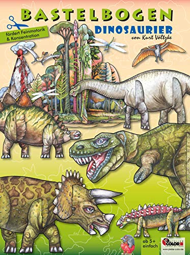 Dinosaurier Bastelbogen mit Figuren & Vulkan Bastelset zum Ausschneiden und Basteln Spielzeug aus Papier für Kinder 5+ Jahre Papiermodelle zum Spielen von ATELIER COLOR