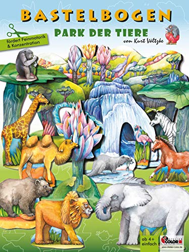 Park der Tiere Bastelbogen für Kinder ab 5 Jahre zum Ausschneiden & Basteln aus Papier mit Figuren Elefant, Löwen, Zebra Papiermodelle zum Spielen von ATELIER COLOR