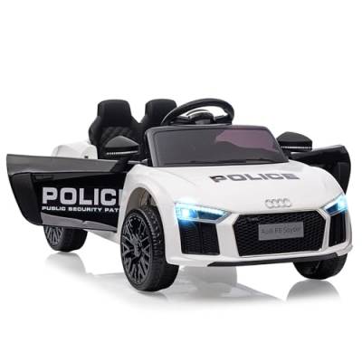 Elektroauto für Kinder, Audi R8 Spyder Lizenziertes Elektroauto für Kinder von 3–8 Jahren mit Kindersicherung, Scherentür, Federung, 3 Geschwindigkeiten, LED-Leuchten, Hupe,Weißes Polizeiauto von Acekool