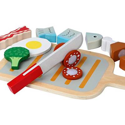 B&Julian® Holz Schneiden Spielzeug Lebensmittel BBQ Grill Set mit Schneidebrett Küchenspielzeug für Kinderküche Spielküche Kaufladen Zubehör 14 TLG. als Rollenspielzeug für Kinder ab 3 von B&Julian