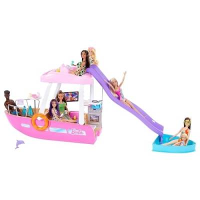 Barbie Dream Boat (111 cm), Barbie-Set mit Barbie-Boot, Rutsche und Schwimmzeug, 20+ Barbie-Zubehörteile, ohne Barbie-Puppe, als Geschenk für Kinder ab 3 Jahren geeignet, HJV37 von Barbie