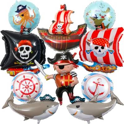 BSNRDX Piratenschiff Ballons 10 Stücke Piraten Geburtstagsdeko, Ozean Tiere Hai Helium Luftballon, Skelett Muster Party Dekoration Ballon für Boys Girls Geburtstag, Piraten Luftballons von BSNRDX