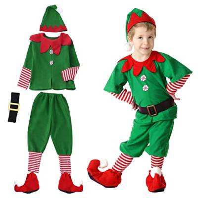 Weihnachtselfe Kinderkostüm Set 5-teilig Weihnachtselfe Kostüm Oberteile + Hose + Mützen + Socken + Gürtel Fasching, Fasching & Cosplay Geschenke für Halloween Kostüme (130 cm) von BSNRDX