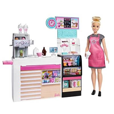 Barbie GMW03 - Naschcafé Spielset, kurviger Blonde (30,4 cm), 20 realistische Spielteile: Maschine, Milch, Sirup, Kaffeebecher, Wasserflaschen, Süßigkeiten, Snacks und mehr, ab 3 Jahren von Barbie