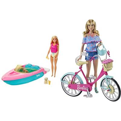 Barbie GRG30 - Puppe und Boot mit Hündchen und Zubehör, Treibt im Wasser, Geschenk für Kinder von 3 bis 7 Jahren & DVX55 - Spielzeugfahrrad Puppen, ab 3 Jahren von Barbie