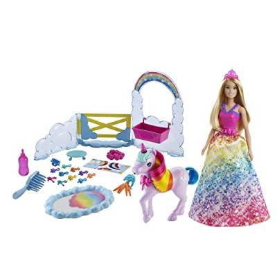 Barbie GTG01 - Dreamtopia Königlich mit Einhorn Spielset Puppe, Haustier-Einhorn und Farbwechsel-Töpfchen, ab 3 Jahren von Barbie