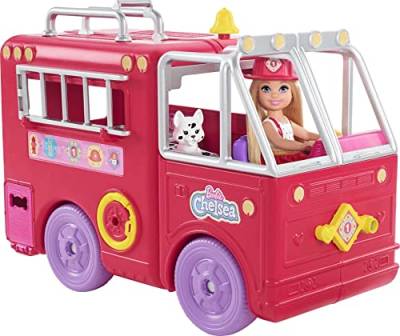 Barbie Chelsea Can Be Serie, Chelsea Puppe mit Feuerwehrauto, Feuerwehr Outfit Zubehör, 12+ Teile inkl. Dalmatiner, Geschenk für Kinder, Spielzeug ab 3 Jahre,HCK73 von Barbie