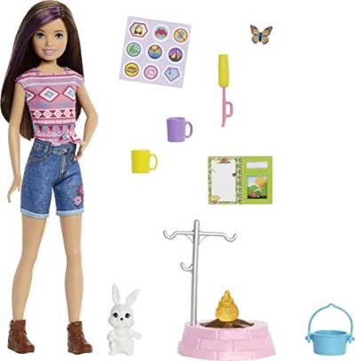 Barbie Camping Serie, Campingset mit Skipper-Puppe, Schmetterling, Hase, Camping Zubehör, Aufkleber, inkl Puppe (25 cm), Geschenk für Kinder, Spielzeug ab 3 Jahre,N/A von Barbie