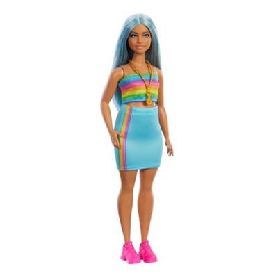 Barbie Fashionistas Puppe Nr. 218 mit Langen, blauen Haaren, Regenbogenoberteil und türkisfarbenem Rock, Modepuppe zum Sammeln anlässlich des 65. Jubiläums, HRH16 von Barbie