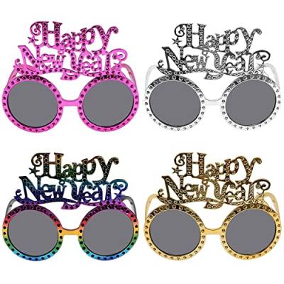 4 Stück Happy New Year Brillen, Neujahr Sonnenbrille, Lustige Spaßbrille Neujahr Eyewear, 2025 Party Brille, Photo Booth Brille für Kostümparty Foto-Requisiten für Erwachsene und Kinder von Booaee
