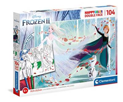 Clementoni 25716 Happy Color Double Face Frozen 2 – Puzzle 104 Teile ab 5 Jahren, doppelseitiges Kinderpuzzle mit Bild zum Ausmalen, inkl. 3 Filzstiften, Denkspiel für Kinder von Clementoni