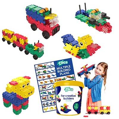 CLICS Konstruktionsspielzeug für Kinder ab 3 Jahre, kreatives Lernspielzeug im 160 Teile Set, Bausteine für Mädchen und Jungen, Montessori STEM-Spielzeug, Starterset im Eimer 8 in 1, von Clics