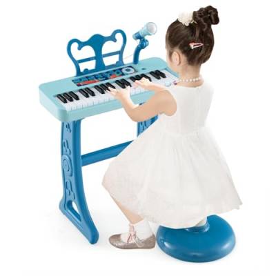 DREAMADE Kinder Keyboard, 37 Tasten E-Piano mit Notenständer & Mikrofon & Hocker, Klavier Spielzeug für Kinder ab 3 Jahren, Belastbar bis 50kg (Blau) von DREAMADE