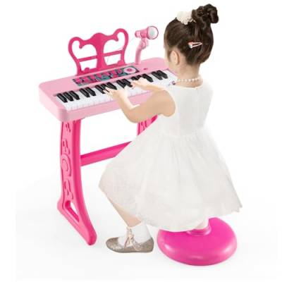 DREAMADE Kinder Keyboard, 37 Tasten E-Piano mit Notenständer & Mikrofon & Hocker, Klavier Spielzeug für Kinder ab 3 Jahren, Belastbar bis 50kg (Rosa) von DREAMADE