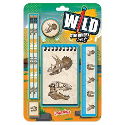 Wild Stationery Set - Dinosaurier von Deluxebase. Diese niedlichen Stationären Schulsets für Jungen enthalten 2 Bleistifte, Radiergummi, Spitzer, Lineal und Notizbuch von Deluxebase