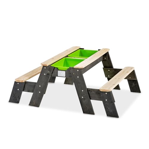 EXIT TOYS Aksent Picknicktisch, Sandtisch & Wassertisch aus Holz - Multifunktionaler Spieltisch für Kinder im Garten - Mit 2 Bänken, 2 Behältern & Deckel - 100% FSC Zedernholz - 120x94x50cm von EXIT TOYS
