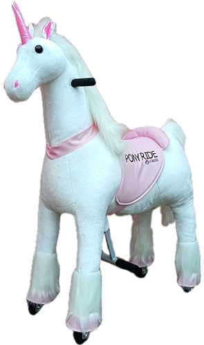 FINOOS Pony Ride Einhorn auf Rollen - Schaukelpferd - Kuscheltier auf Rollen - Einhorn - Tierlaute Pferd - Reiten - Plüschtier - Spielpferd (Small - 3-5 Jahre) von FINOOS