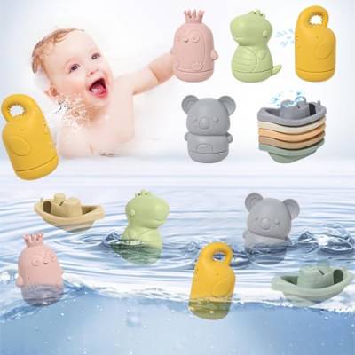 FYSL 9 Stück Badewannenspielzeug, Silikon Badetiere Badewanne, Badespielzeug Baby Boot, Baby Badewannenspielzeug Spritztiere, Wasserspielzeug für Babys und Kleinkinder von FYSL