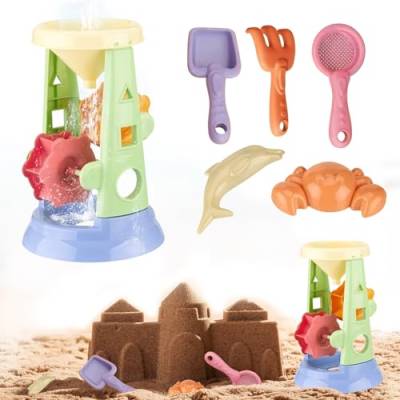 FZQBEY Wasser & Sandmühle Set für Kinder, Sandspielzeug Strandspielzeug Kinder, 6PCS Sandkasten Spielzeug Kinder mit Wassermühle, Sandförmchen, Sandschaufel, Harke, Sieb, Sandspielzeug Set (A) von FZQBEY