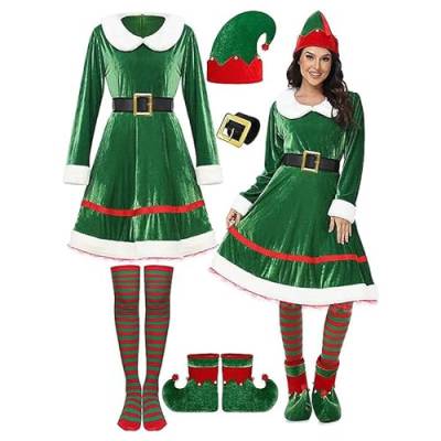 Damen Weihnachten Elf Kostüm Set Samt Kleid Gürtel Gestreifte Über Knie Hohe Socken Elf Hut Schuhe für Cosplay (Mom, L, A-Grün) von Felcia