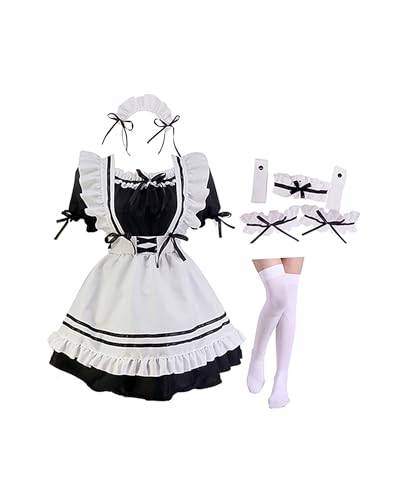 Felcia Damen Halloween Maid Kostüme Dienstmädchen Kleid mit Schürze Armbänder Strümpfe Cosplay Maskerade Party Outfits (Weißer Strumpf, L) von Felcia