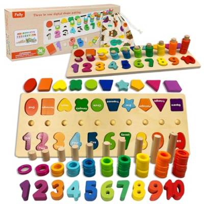 Felly Montessori Spielzeug ab 3 Jahre, 2 in 1 Kinder Lernspielzeug Motorik Spielzeug Puzzles, Puzzlespiel Holzblöcke Holz Lernen Zahlen - Ideal für das frühe Lernen im Baby Kleinkinder von Felly