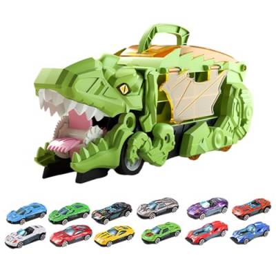 Fenteer Tragbares, verwandelndes Dinosaurierspielzeug, Kinderspielfahrzeugspielzeug, mit 12 Legierungsautos für Kinder im Alter von 2 bis 6 Jahren, Grün von Fenteer