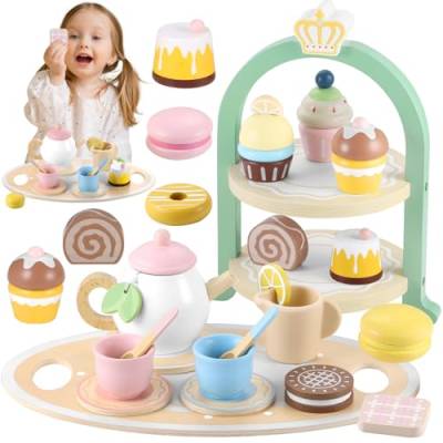 GAGAKU hölzerne Tee-Set für Kleinkinder Pretend Play Afternoon Tea Party Set mit Kuchen Stand und Dessert Spielzeug Spielen Lebensmittel Küche Zubehör Geschenke für Kinder von GAGAKU