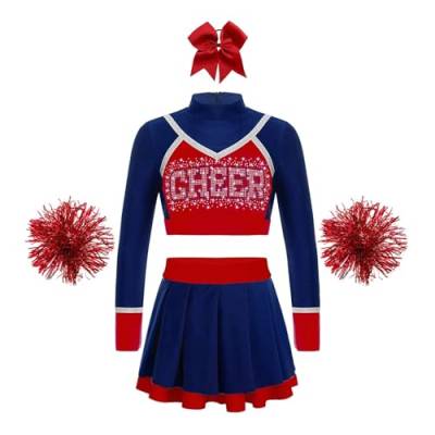GSJNHY Cheerleading Uniformen Kinder Cheerleader Kostüme Schulmädchen Cheerleading Uniformen Sets Kinder Jubel Team Cheer Dance Outfits Teens Dancewear (Color : B Deep Blue, Size : 6) von GSJNHY