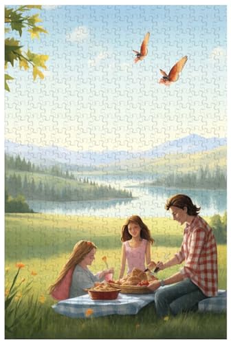 Für Erwachsene, 1000-teiliges Holzpuzzle, für Familienpicknick auf sonnigem Gras mit Kindern, die Drachen steigen Lassen, Landschaftspuzzle (c ; 500) von Generic