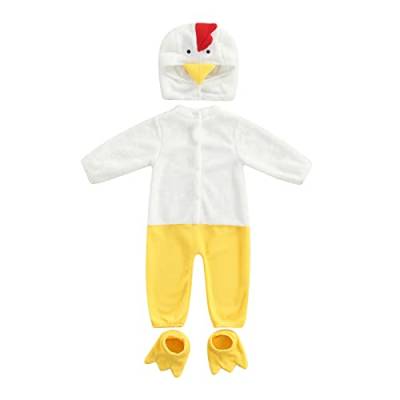 Neugeborenes Baby Huhn Kostüm Halloween Reißverschluss Hodded Jumpsuit mit Hut und Schuhe Set Kleinkind Cosplay Outfit (Yellow White, 9-12 Months) von Generic