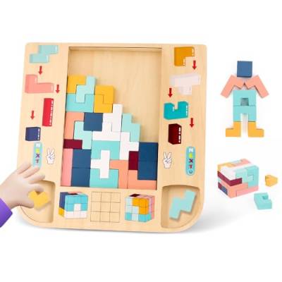 Glovios Montessori Spielzeug Gehirnspielzeug Holz Tetra Tower Spiel Tetris Tangram Kinder ab 3 4 5 Jahre 3D Logik IQ Spiel 3 in 1 Montessori Puzzle Holz Würfelpuzzle Geschenk für Kinder Jungen Mädchen von Glovios