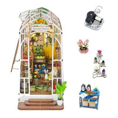 HJBHDOLL DIY Miniatur Puppenhaus Kits mit Spieluhr Buch Nook Kit, Puppenhaus Puzzle Modell Bücherregal Dekor mit LED-Licht Junge und Mädchen Geschenk (Glas Gartenhaus) von HJBHDOLL