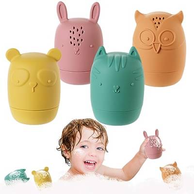 HOTUT Badewannenspielzeug,4 Stück Silikon Badewannen Spielzeug,BPA-Free Wasserspielzeug Baby,Süße Bade Spritztiere,Badetiere für Babys und Kleinkinder von HOTUT
