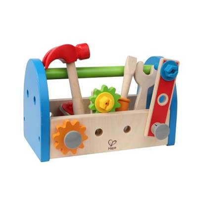 Hape Werkzeugkasten aus Holz mit Zubehör | farbenfrohe Werkbank Hammerspielset für Kinder, Problemlösung, Rollenspiel, 17-teilig von Hape
