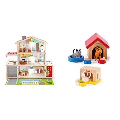 Puppen-Villa von Hape| Preisgekröntes Puppenhaus mit 10 Zimmern aus Holz ab 3 Jahren & Hape International Haustiere für die ganze Familie aus Holz für Puppenhäuser von Hape von Hape