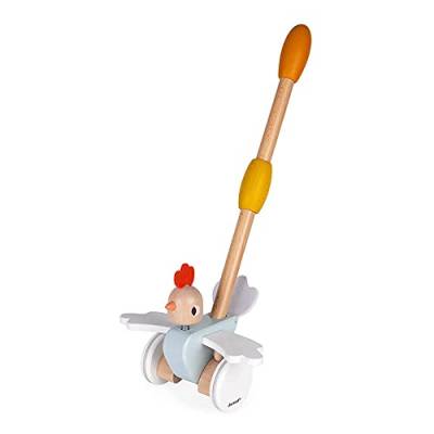 Janod - Schiebespielzeug aus Holz „Huhn“ - Baby- und Kleinkindspielzeug - Entwicklung von Motorik und Fantasie - Leise Räder - FSC-zertifiziert - Ab 18 Monaten, J08260 von Janod
