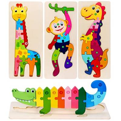 Holzpuzzle Holzspielzeug für Kinder, Steckpuzzle Holz ab 2 3 4 Jahren Montessori Spielzeug, 4 Stück Tiere Lernspielzeug, Weihnachten Geburtstag Geschenke für Jungen Mädchen von Japace