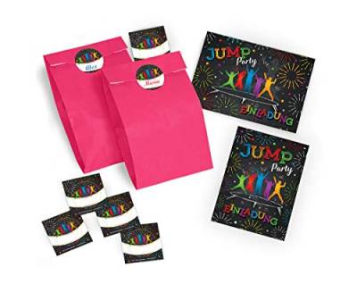 JuNa-Experten 10 Einladungskarten Kindergeburtstag Jump Trampolin Mädchen Jungeincl. 10 Umschläge, 10 Tüten / rosa, 10 Aufkleber von JuNa-Experten