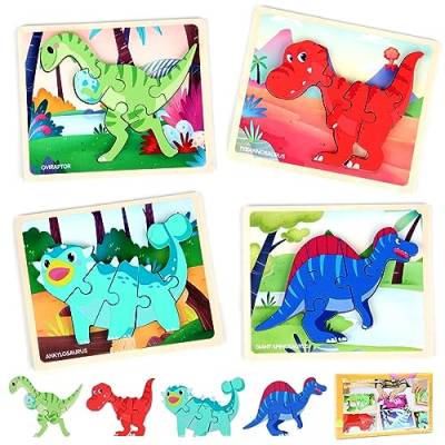 LEcylankEr Puzzle ab 1 2 3, 4 Stück Holzpuzzle Kinder, Dinosaurier Steckpuzzle 1 2 3 Jahre, Montessori Dino Spielzeug Geschenke für Jungen Mädchen (A) von LEcylankEr