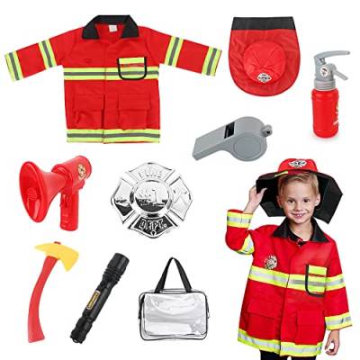 LUFEIS Feuerwehr Kostüm Kinder, Feuerwehrmann Kostüm Kinder, Waschbares Feuerwehr Rollenspiel Set, mit Feuerlöscher Feuerwehrhelm Feuerwehrmann Spielzeug,ideal Geschenk für Mädchen und Jungen von LUFEIS