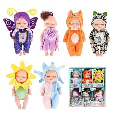 LUFEIS Mini Reborn Puppen, 6 Stück Mini Puppenspielzeug, Babypuppe, Mini Schlafende Wiedergeburt Puppen und Kleidung Set, Silikon-Baby-Puppen, für Mädchen, Kleinkinder und Kinder von LUFEIS