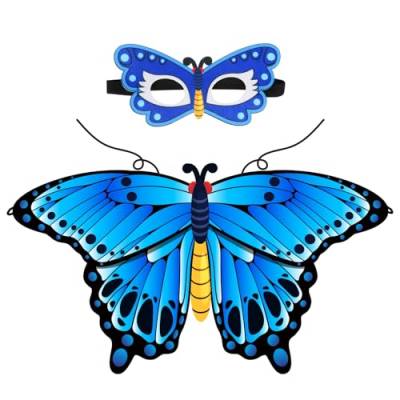 Landifor 4 Stück Schmetterlingsflügel Kostüm Kinder Schmetterling Flügel Umhang mit Filzmaske Krone Zauberstab Faschingskostüm für Mädchen Geschenk Karneval Fasching Maskerade Party Zubehör（blau） von Landifor