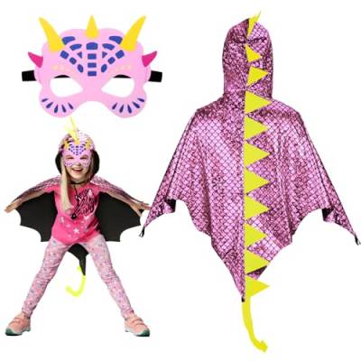 Landifor 2 Stück Dinosaurier Kostüm Kinder pink Dino Kostüm Drachen Flügel Umhang mit Dino Maske Rosa Dinosaurierkostüm Pterosaurier Verkleidung für Mädchen Fasching Karneval Halloween von Landifor