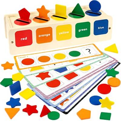 Landifor Montessori Spielzeug Holz Steckspielzeug Sortierspiel Matching Box mit 25 Bunte Holzklötze und 13 Quiz-Karten Lernspielzeug für Junge Mädchen Kindergarten Vorschule Ostern Geschenkideen von Landifor