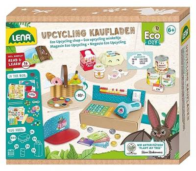 LENA 42837 Eco Upcycling Bastelset Kaufladen, Set zur Nutzung recycelter Verpackungen zum Basteln eines eigenen Supermarkt, Kreativset für Kinder ab 6 Jahren von Lena