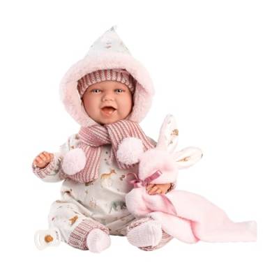 Llorens 1074030 Puppe Mimi Hase, mit blauen Augen und mit weichem Körper, Babypuppe inkl. Outfit, Schnuller, Schnullerkette und weicher Decke mit Waldtiermotiven, 42cm von Llorens
